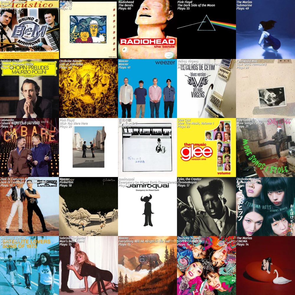 'Acústico - Bruno & Marrone', '南米旅行 - 西岡恭蔵', 'The Bends - Radiohead', 'The Dark Side of the Moon - Pink Floyd', 'Submarine - The Marías', 'Chopin: Preludes Op.28 - Frédéric Chopin', 'Live at Takutaku - Otoboke Beaver', 'Weezer - Weezer', 'Retalhos de Cetim (Blues Version) - Velhas Virgens', 'Tusk (2015 Remaster) - Fleetwood Mac', 'Cabaré Night Club (Ao Vivo) - Leonardo', 'Wish You Were Here - Pink Floyd', 'ディランにて - 西岡恭蔵', 'Glee: The Music, Volume 1 - Glee Cast', 'More Songs I Stole - Billy Cobb', 'Zezé Di Camargo & Luciano 1995 - Zezé Di Camargo & Luciano', 'Pinkerton - Weezer', 'Emergency On Planet Earth (Remastered) - Jamiroquai', 'Chromakopia - Tyler, the Creator', 'Itekoma Hits - Otoboke Beaver', 'SONS OF 1973 - SATELLITE LOVERS', 'Man’s Best Friend - Sabrina Carpenter', 'Everything Will Be Alright in the End - Weezer', 'SUPER CHAMPON - Otoboke Beaver', 'CINEMA - The Marías'