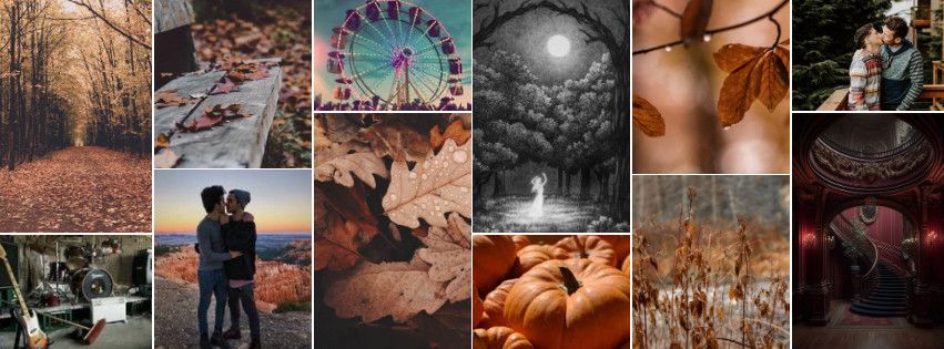 Photo collage featuring autumnal imagery, garage band instruments, boys cuddling on a mountain top, a Ferris wheel, a ghost dancing in the woods, and a dark mansion's foyer with a spiral staircase