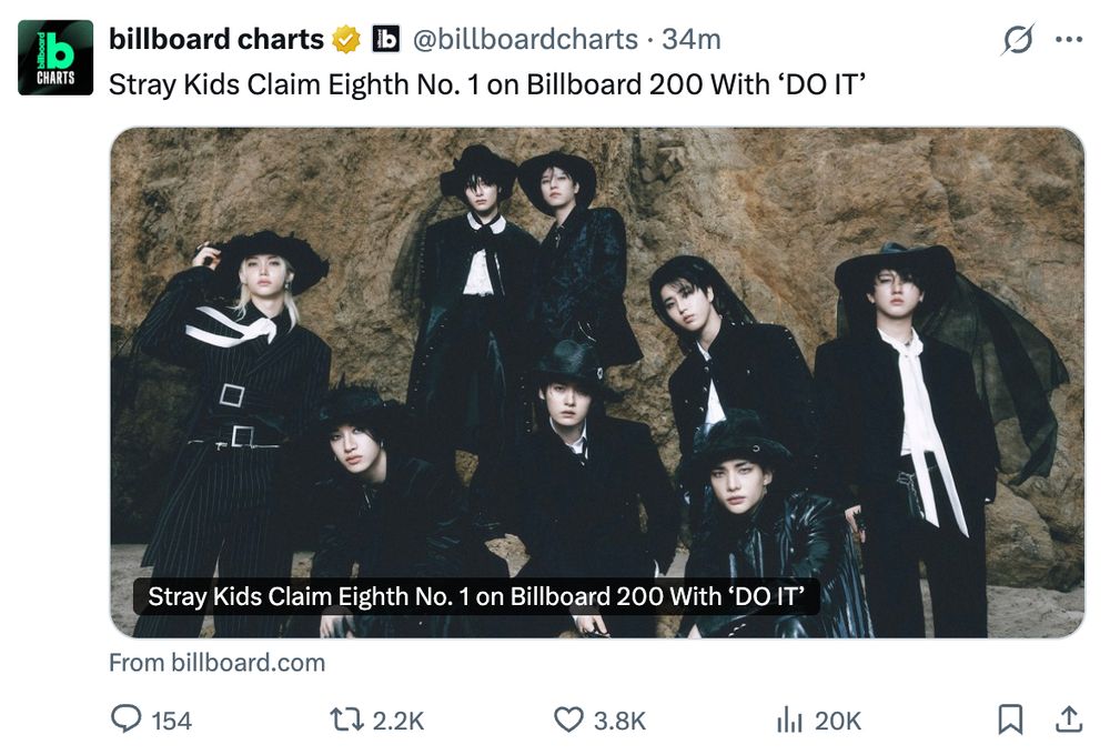 screenshot of billboard charts twitter announcing skz won their eigth no. 1 on billboard 200 with do it