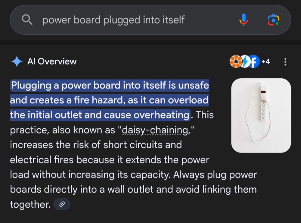 A screenshot of a google search for "power board plugged into itself", accompanied by an AI generated response asserting that "plugging a power board into itself is unsafe".