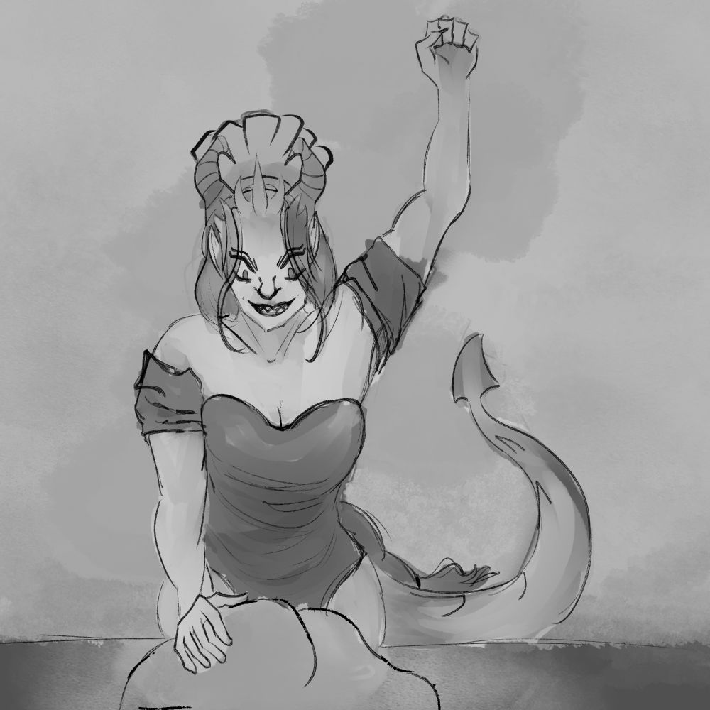 The Eye of the Needle from Slay the Princess. She’s wearing a tiny chef’s hat and throwing her fist into some dough. Let’s make bread.