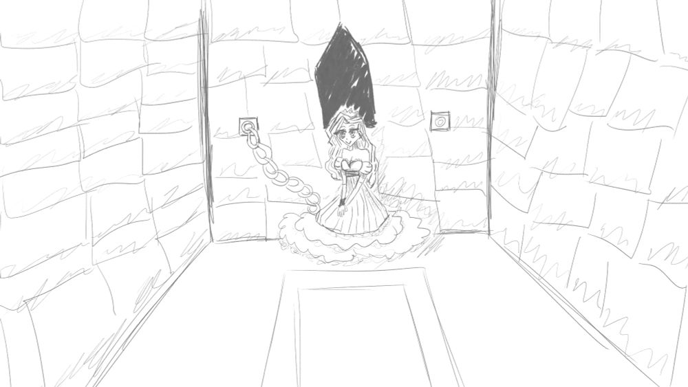 A messy, childish doodle of the Deconstructed Damsel from Slay the Princess. She is sitting at the end of the Cabin Basement, bound in chains. This is a traditional pose for her non-deconstructed counterpart, but not one you can find her in. The art is full of basic errors and confusing choices, a mix of bold and insecure lines, and, while charming in the way a beginner's art is charming, the result is more comical than anything.