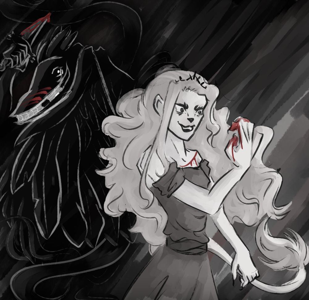 The Witch and the Long Quiet from Slay the Princess, drawn digitally in messy black and white. The two face away from each other. The Long Quiet stands in the back with a scratch on his face and a bloody blade in his hand, his face stretched into a wide and ugly grin. His eyes are fixed on the Princess. The Witch is closer to the camera, admiring her bloody claws. Blood drips from the freshly made knife wound on her chest. The two have traded blows, and clearly deserve each other.