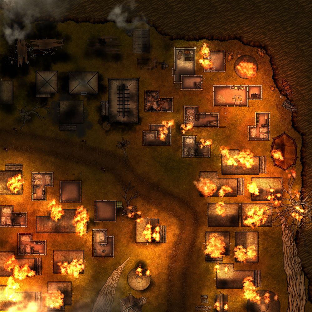 A top-down map of a town mostly engulfed in flames, with the top left burnt out.