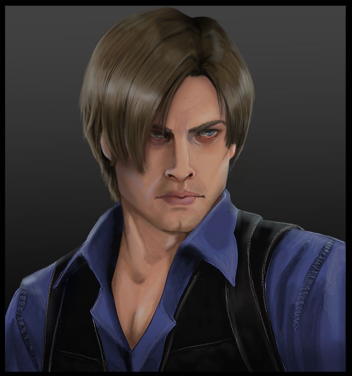 Leon Kennedy. A middle aged man with asymmetrical blond/brown bangs framing his face, with one of his blue eyes partially obscured. He's wearing a blue button up, his collar flared over a black tactical vest and black shoulder harness. 