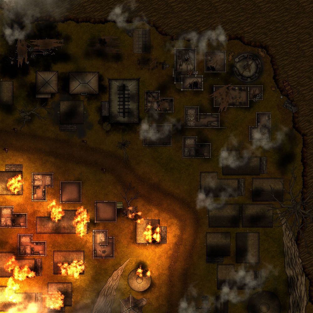 A top-down map of a town mostly burnt out, with the bottom left still engulfed by flames. 