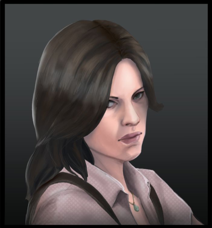 Helena Harper. A light-skinned woman with symmetrical feathered bangs framing her face and long wavy brown hair. She has her head tilted to the viewer, wearing a button up cream shirt, brown leather shoulder harness, and a green gem necklace. 