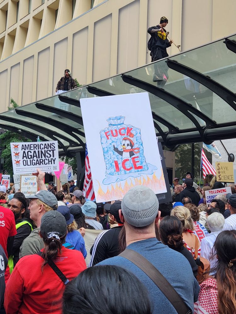 A sign with Chilly Willy on a bag of ice. In red letters, the bag reads "Fuck ICE"