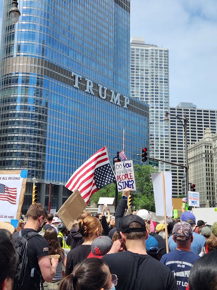 Protestors march across the Chicago River from Trump Tower. 