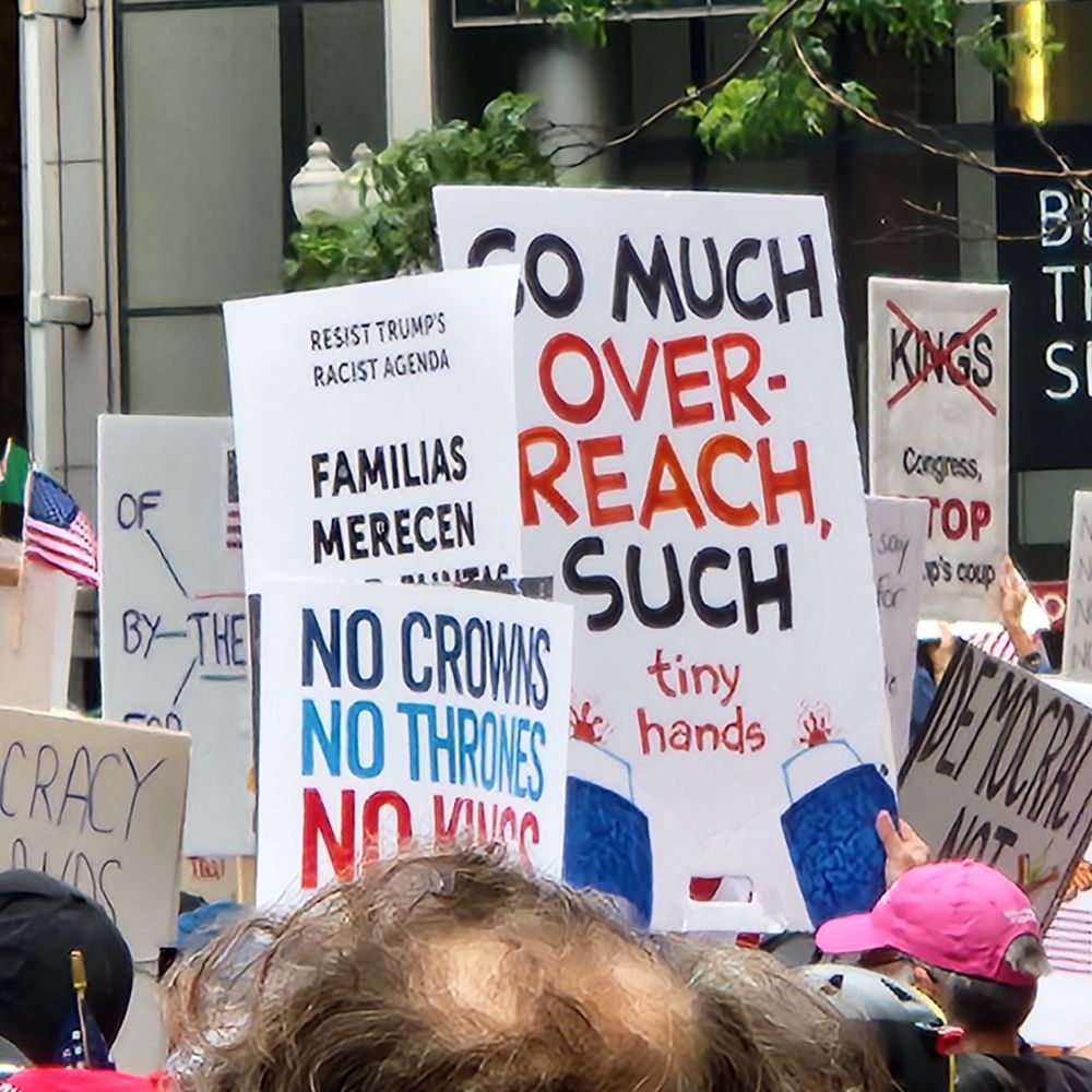 Protest signs, including one that reads,  "So much overreach, such tiny hands"