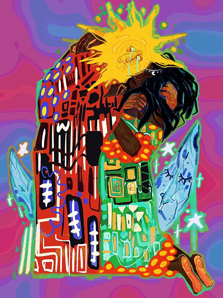 A sun-faced older man embraces a dark-skinned man of similar age while weeping. They embrace in a pose similar to Gustav Klimt's 'The Kiss.' Unlike the original art piece, they wear robes of differing colors. The patterns on them are abstract shapes, lines, and simplified flowers. Behind both of them is a moon with a face, along with white stars. 