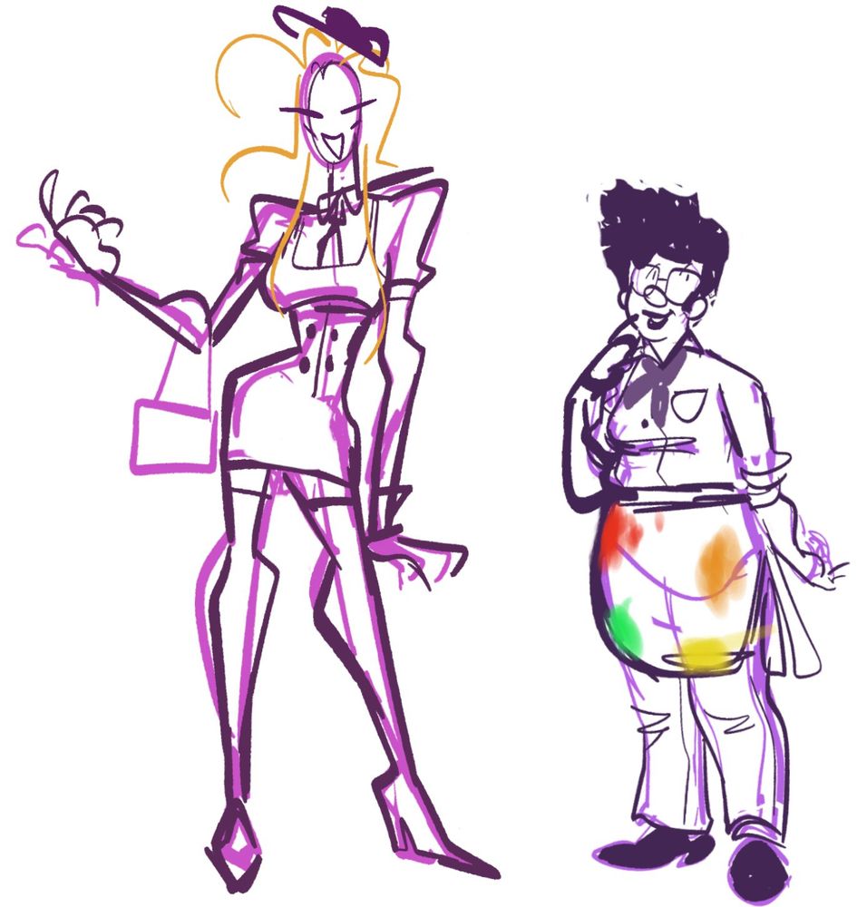 Two rough sketches of Madeline and Quinn standing beside each other in alternative outfits. 