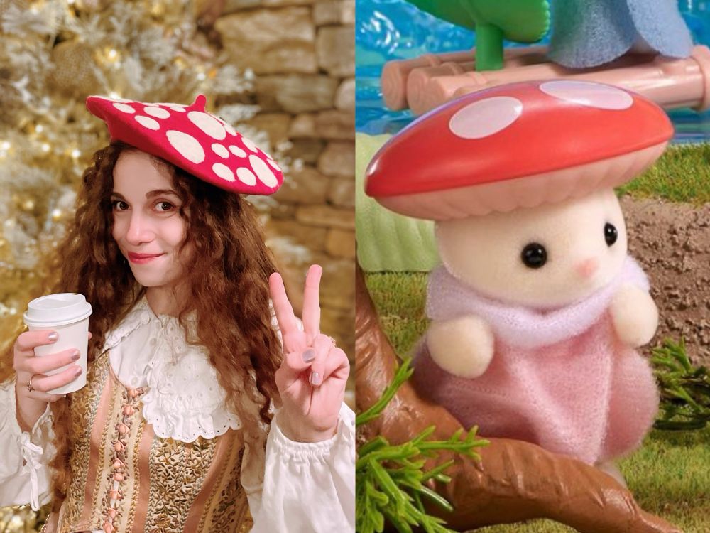 A picture of me wearing a mushroom beret beside a picture of a calico critter toy rabbit wearing a similar mushroom hat