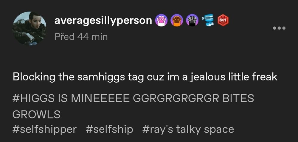 My tumblr post. It reads: "Blocking the samhiggs tag cuz im a jealous little freak"