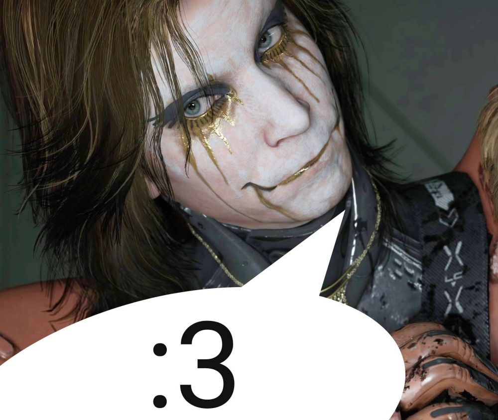Higgs monaghan, death stranding 2, with a speech bubble under his face. There is the ":3" emoticon in the speech bubble 