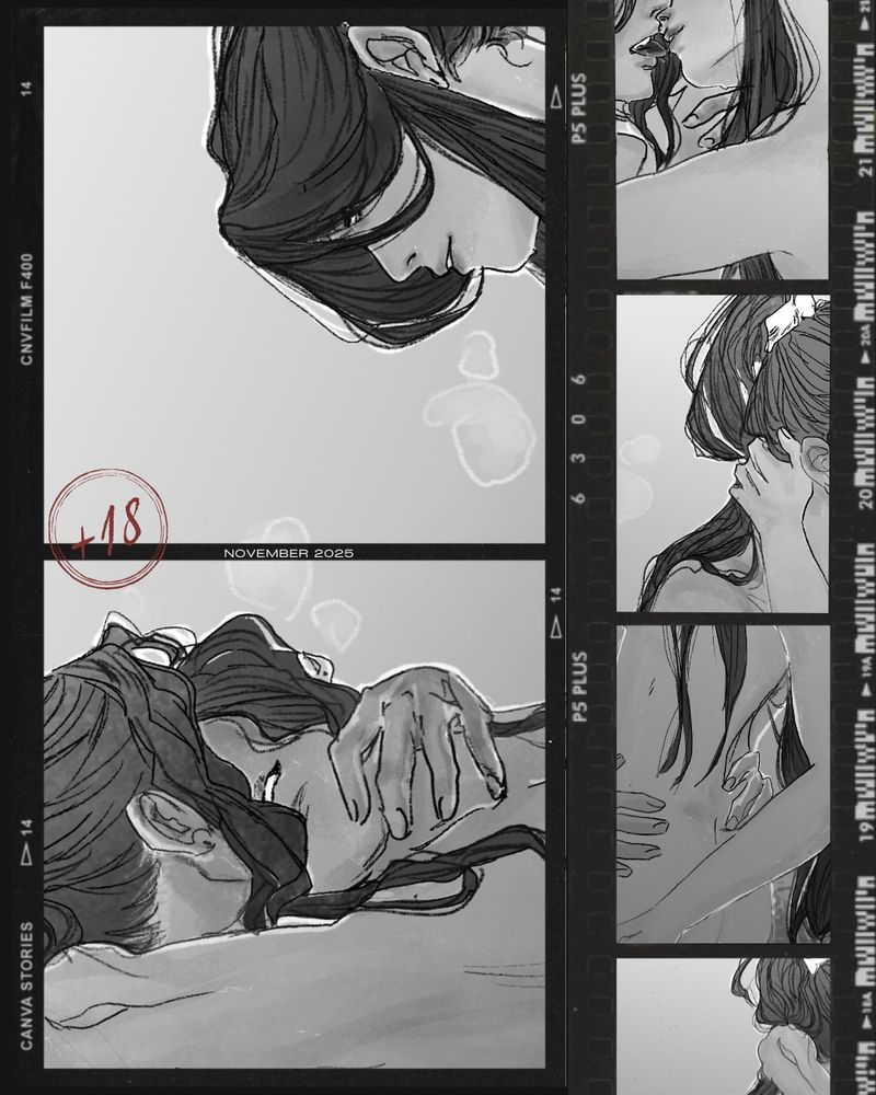 A sneak peak for this month's patreon illustration. It's a black and white camera film roll featuring lots of details of the illustration: Two long haired men kissing, with one of them with his hand on his neck (pei ming and shi wudu), a long haired woman (ling wen) watching.  Some details are on the right side: Hands grabbing hair, hands touching lower back skin.)