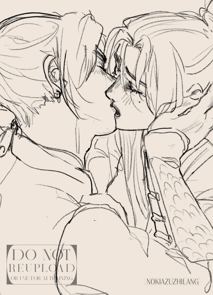 A digital sketch of two men tongue kissing. On the right the man (Feng Xin) has his hair tied up on a bun, holding the others man face with his right hand. His eyes are closed. 
On the right, Mu Qing, long haired, with his hair tied up on a ponytail, kisses him back, his expression pleased. 
