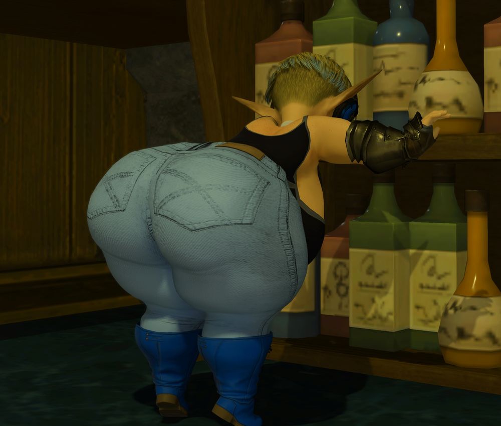 Zaz bending over- her hand held out to stabilize herself as she does so- to reach bottles on the bottom shelf of her bar. Her butt is very tightly hugged by her pants as she does so- and is seemingly unaware that anyone is watching.