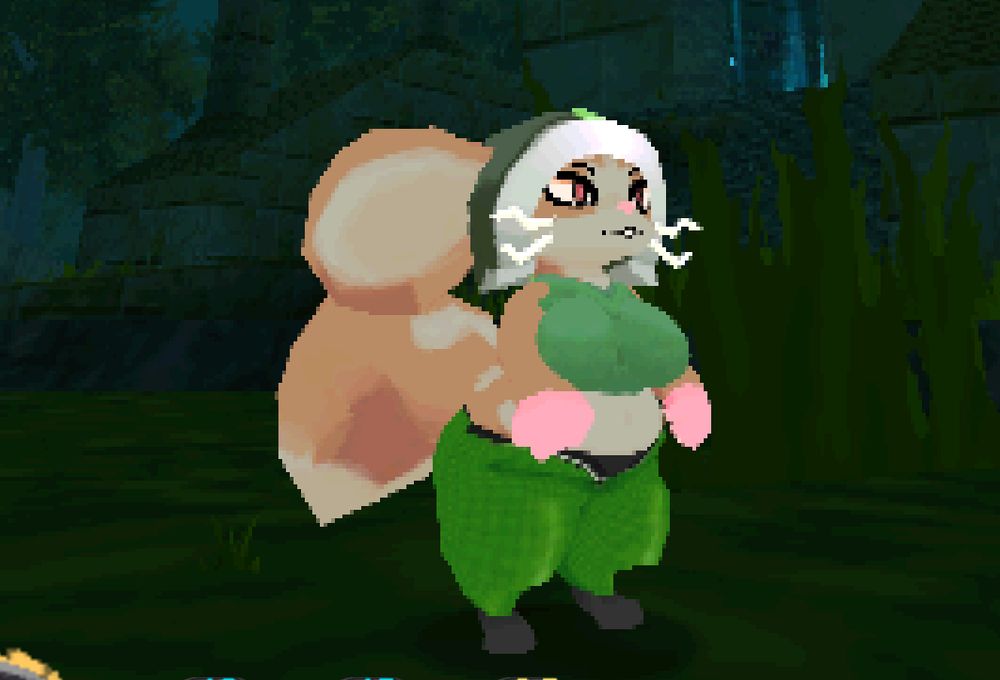 A mouse girl, in all of her thickness, staring blankly in to the middle distance. She has large ears and a floppy tail. She is dressed in green with a green cap.