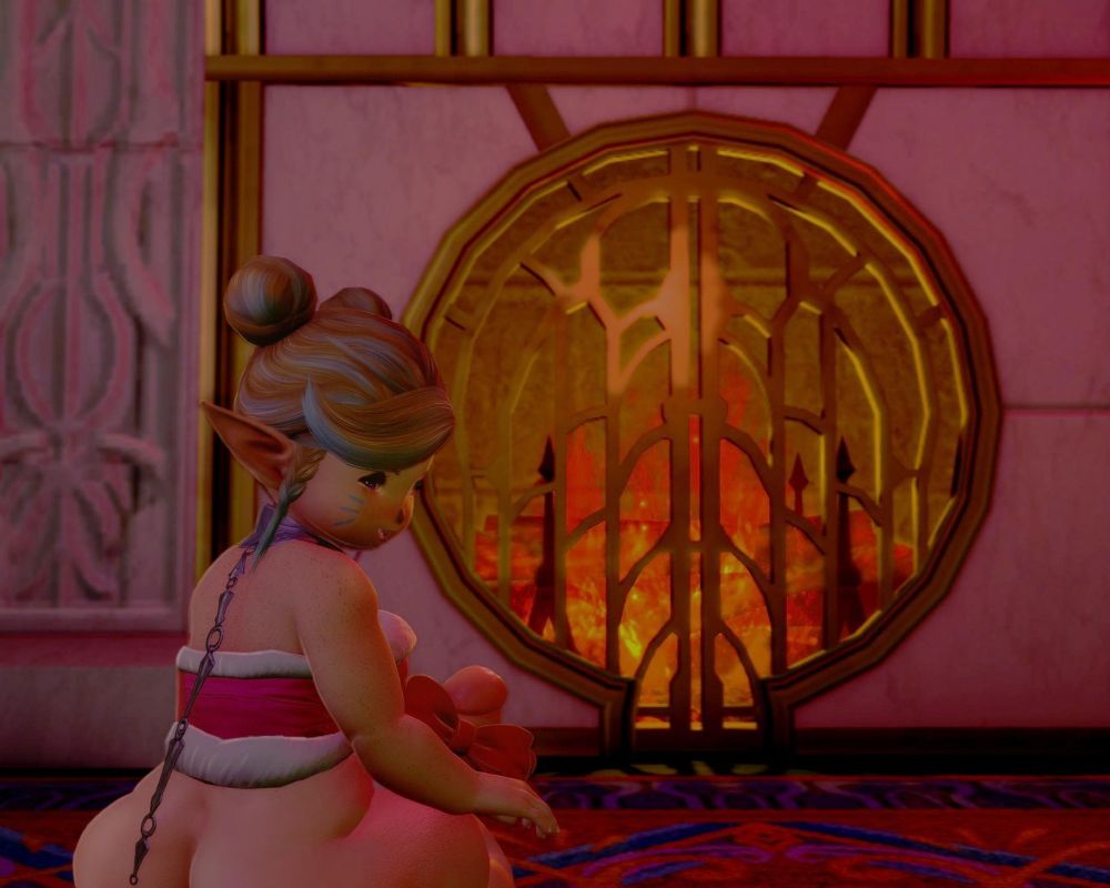 Zaz looks back over her shoulder mischievously. She is wearing a collar which has its leash draped across her back, A halter that is as festive as the season, and a bow on her very hard tip just poking in to view across her profile. The fireplace in the background crackles warmly.