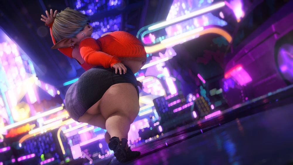 A thick lalafell in a short skirt whose haircut covers her eyes. Her ponderous tits can be seen even from behind despite her facing away from the camera, mostly. The backdrop is the futuristic city of Solution 9. 