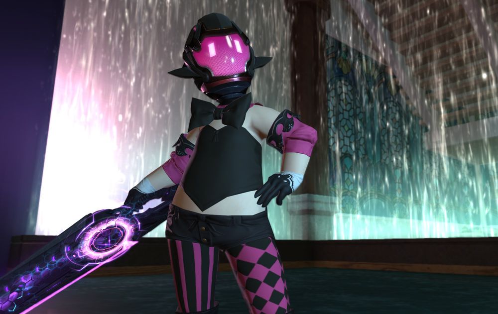 A lalafell with a robotic helmet depicting an LCD faceplate stands heroically with a gunblade. She is in pink and black, a large bowtie and a bunny bustier as her top. Her tights are striped on one leg, and checkered on the other. The entire outfit- gunblade included- is Pink and Black.