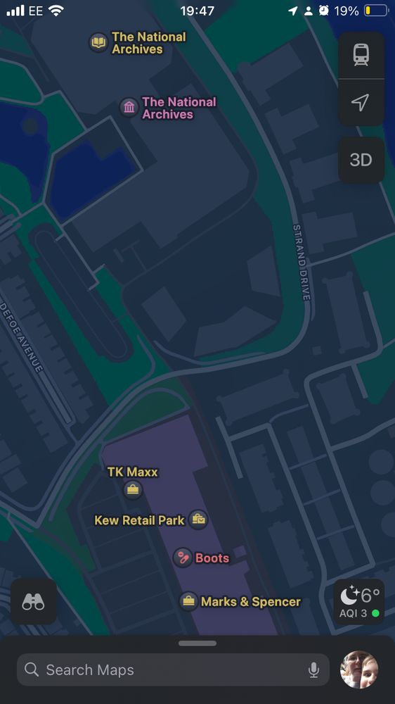 Screenshot from Apple Maps showing that there’s a small retail park just south of the national archives campus (1 block away)