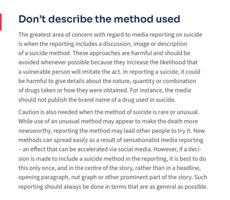 Screenshot of page 18 of the WHO report on responsible reporting about suicide. Emphasises the importance of not describing the method used. https://iris.who.int/bitstream/handle/10665/372691/9789240076846-eng.pdf?sequence=1