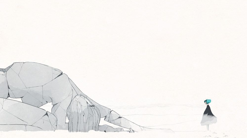 Gris character in front of broken statue b&w