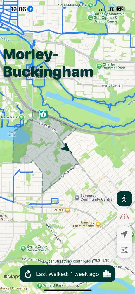 screenshot of gogomi app, showing a map with user icon in the Morley-Buckingham neighbourhood