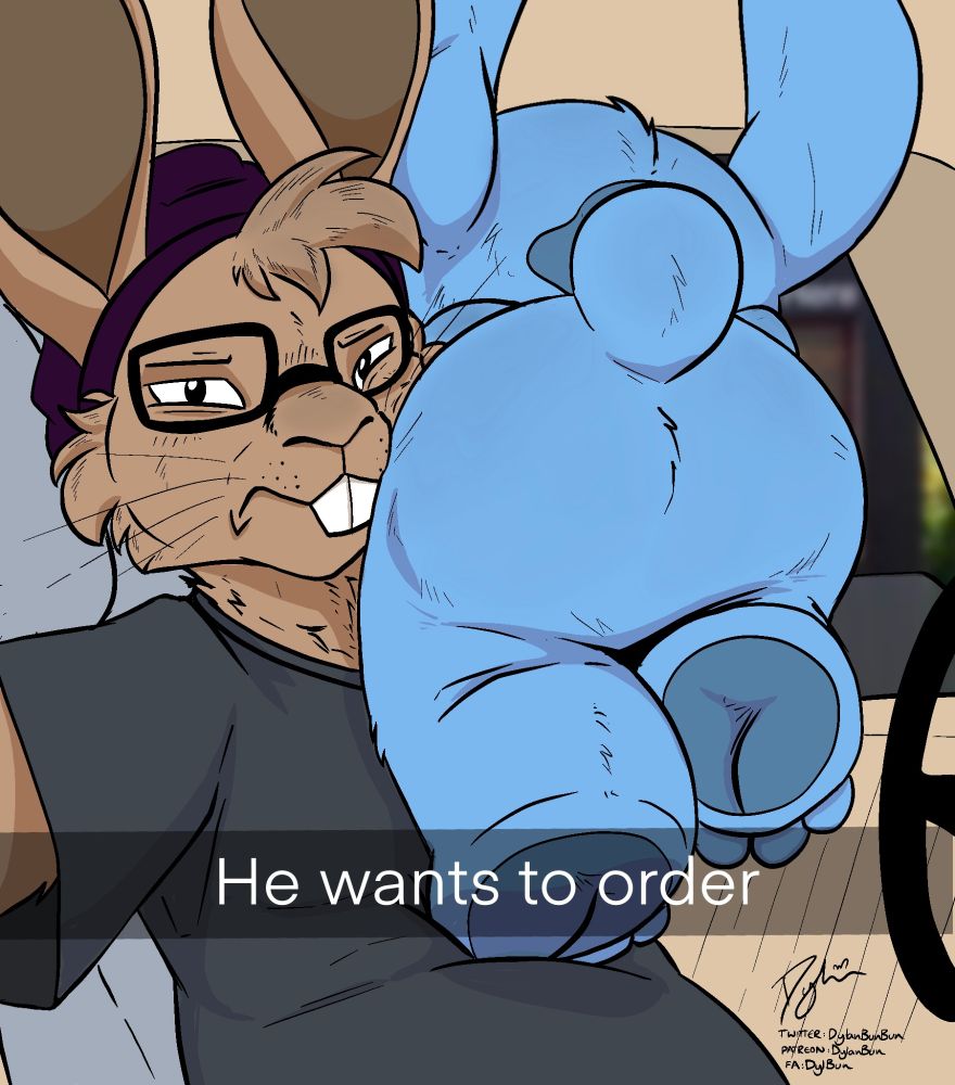 The 'He wants to order' meme, with Stitch giving Dylan a faceful of his curvy hips and tush.