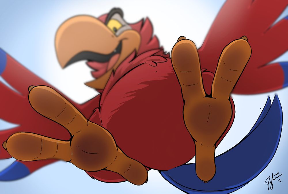 Iago coming in for a landing on top of the viewer, his big, dusty soles on full view as he's about to drop down.