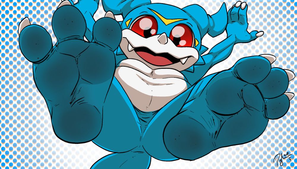 Veemon overhead, wearing a smile as he's falling down towards the viewer. His feet are on display and dirty, aimed towards the viewer.