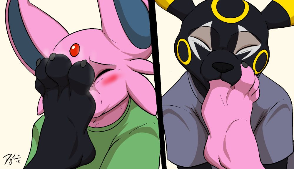 Two panel picture. Espeon is on the left, blushing as Umbreon's foot is pressed up against their face and they're sniffing it. On the left, Umbreon is sucking on one of Espeon's toes and clearly enjoying himself.