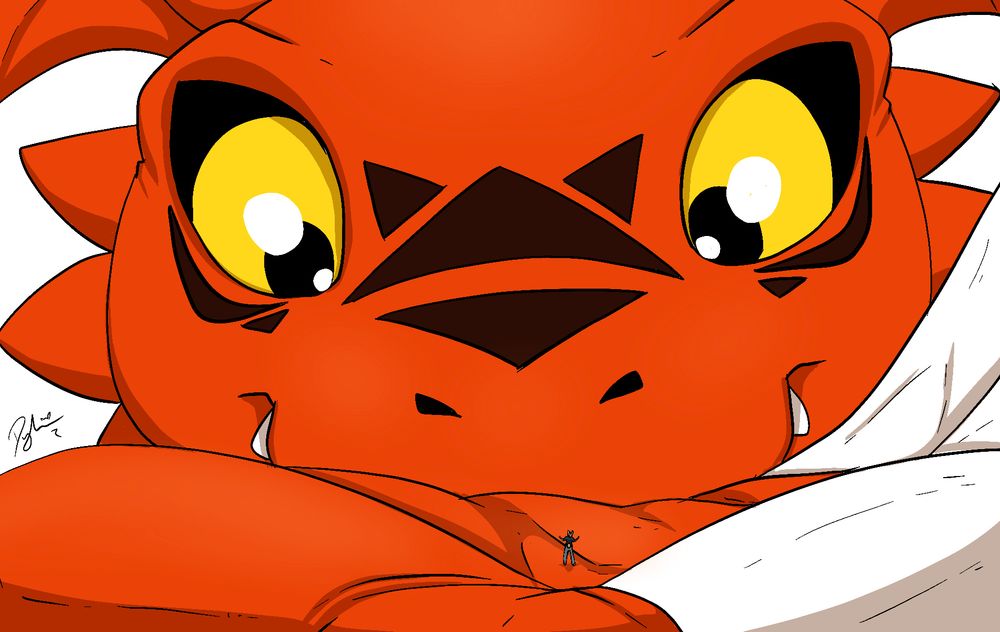 Guilmon staring down at a tiny rabbit tamer in his massive hand. The digimon is looking delighted and eyes shining.