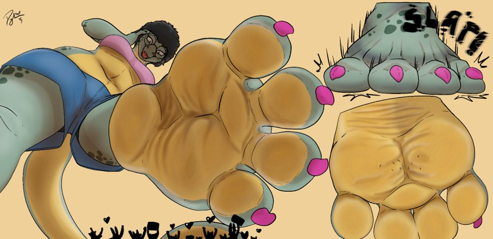 Enormous lizard lady holding her foot over a crowd of tiny fans. She lets it drop down, slamming upon them and getting them stuck to her sole.