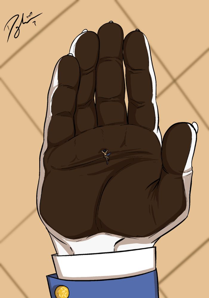 View of Belfort's hand held out, with a tiny Lupin sat relaxing in the middle of the palm.