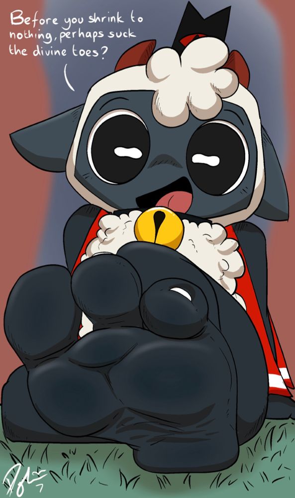 Lamb from Cult of the Lamb sat with his foot extended, showing off the soft sole while he smiles at you
"Before you shrink to nothing, perhaps suck the divine toes?"