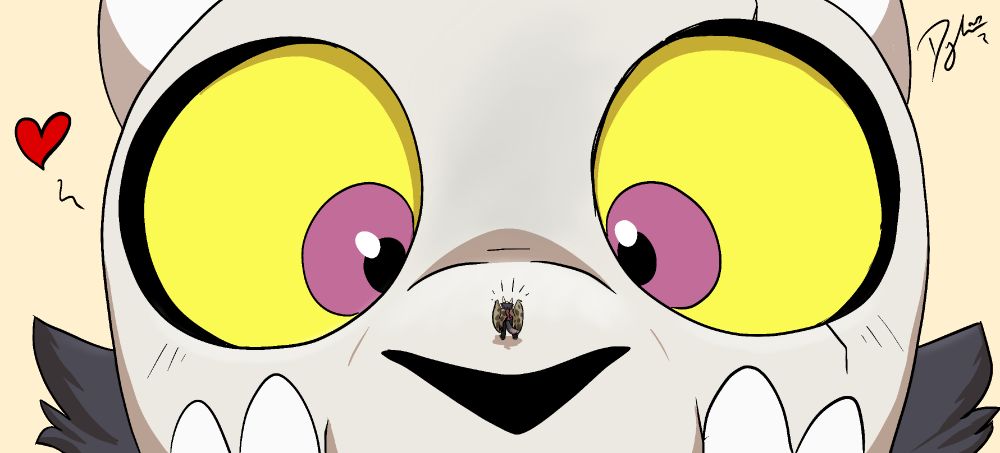 King's face filling up the screen. His eyes are crossed and looking down at his dad, who is tiny and perched upon his snout.