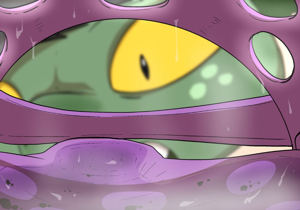 View from inside a croc, the goblin Gnat-gnaw staring into it, with their face blurred from distance haze.