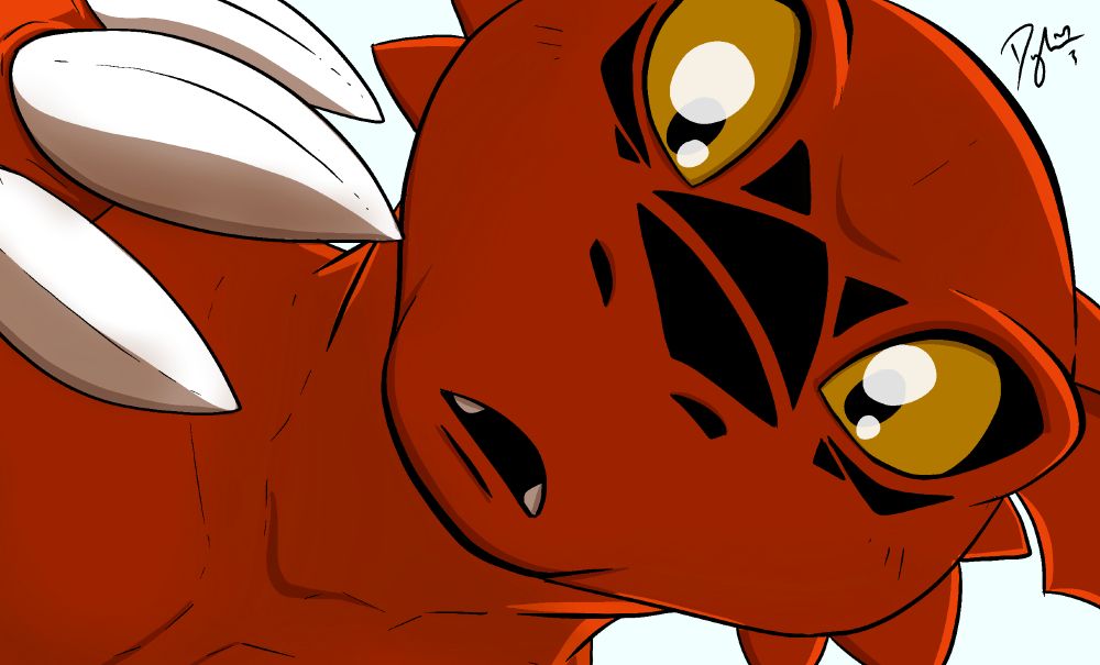 Guilmon towering overhead. They are looking down at the viewer with a mix of surprise and fascination.