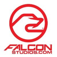Red Falcon Studios logo featuring a stylized falcon head inside a circle, with the text ‘FALCON STUDIOS.COM’ below.