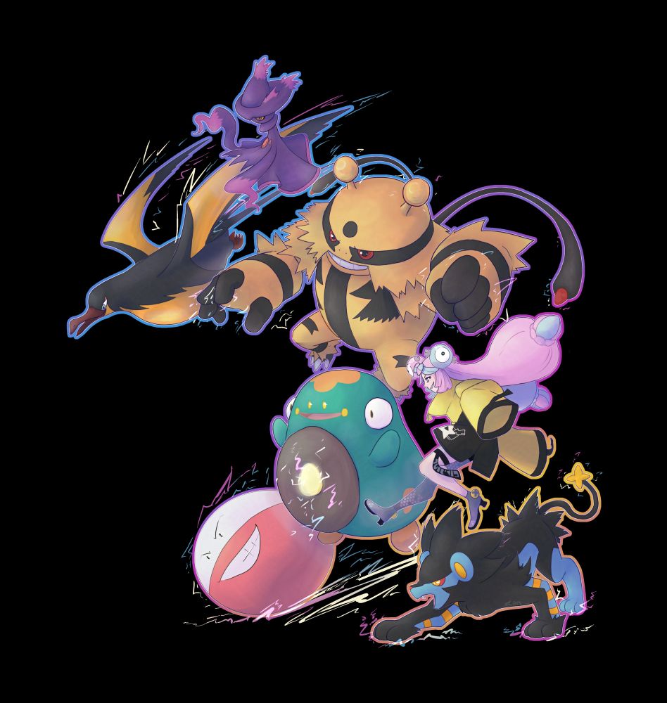 Pokemon gym leader Iono with her team bellibolt, electrode, luxray, electivire, kilowattrel, and mismagius ready to battle