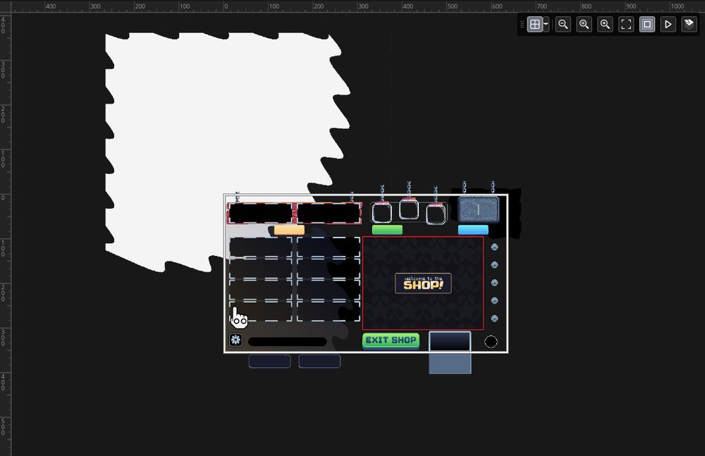 Boxes with white outlines and developer markers showing the game screen zoomed even farther out with a giant white wavy effect taking up a quarter of the screen.