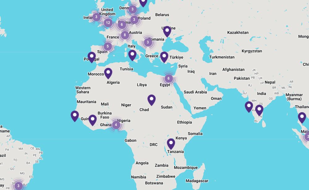 Map with pins indicating locations where Northwestern has institutional partnerships.