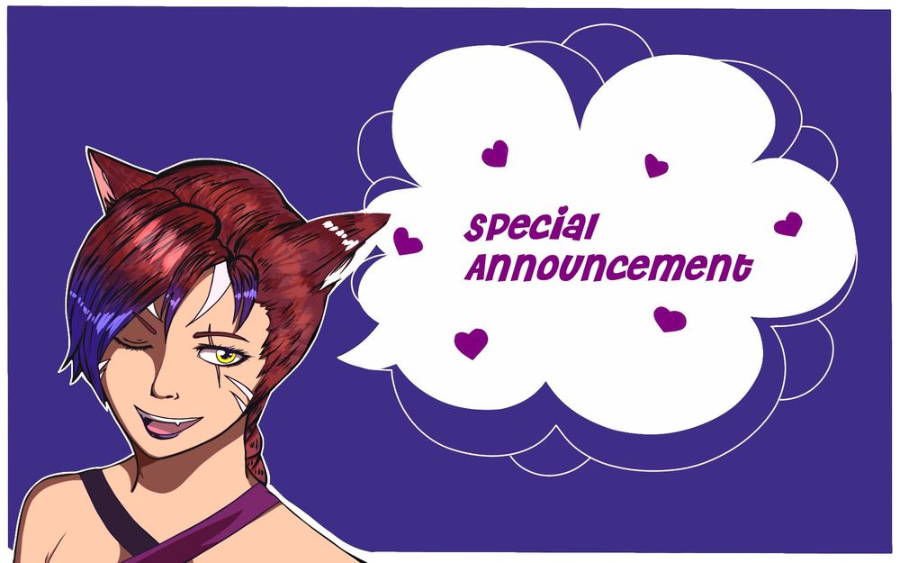 A red haired Miqote from FFXIV (Celestina) is winking at the viewer with her tongue out. There is a speech bubble with hearts that says SPECIAL ANNOUNCEMENT.