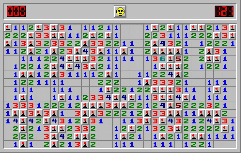 a completed expert level game of minesweeper finished in 121 seconds
