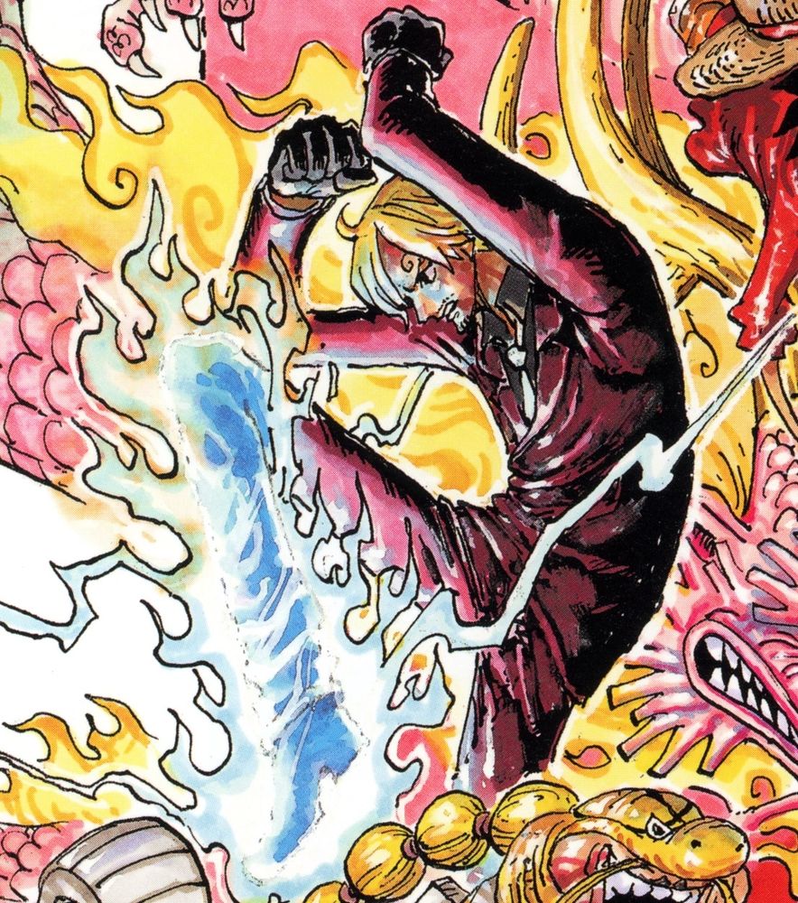 Picture shows an image from the One Piece manga, Sanji is in frame lifting his leg up and his arms are posed in a fighting stance. The leg is lit ablaze with blue flames and he wears his maroon colored suit from the Wano arc.
