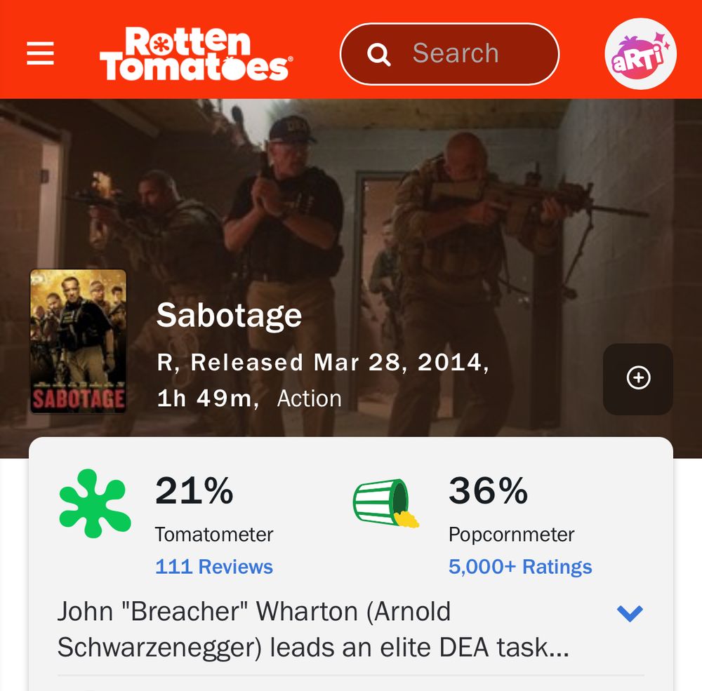 Screen grab of Sabotage (2014) rotten tomatoes scores: 21% Tomatometer & 36% Popcornmeter