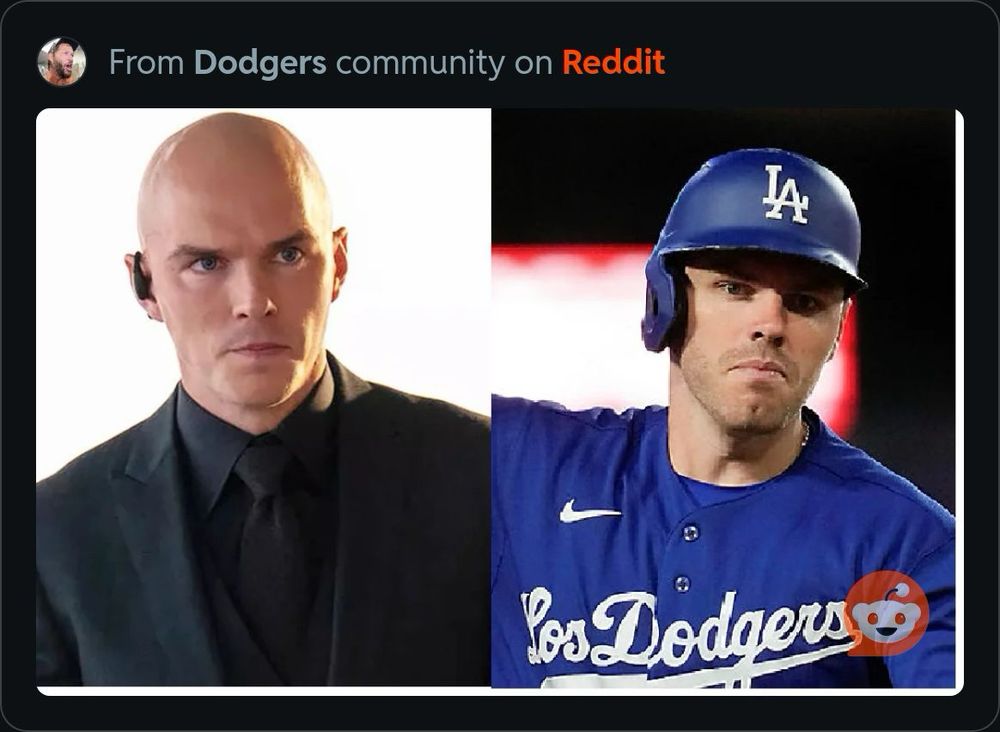 Image of Nick Hoult as Lex Luther in the Superman film (2025) next to LA Dodgers Nick Freeman.  They have very similar features, including eye and chin shape.  